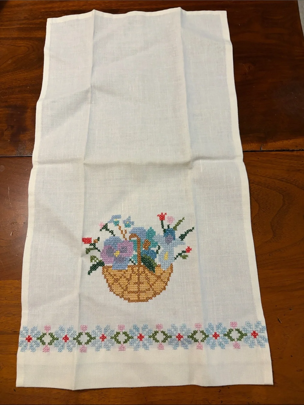 Vintage Linen Towels - Cross Stitch Flower Basket- Set/2 - Pink & Blue